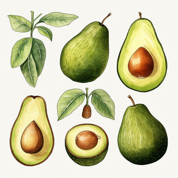 Avocado set. Hand drawn vector illustration. Isolated on white background.