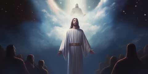 Jesus Christ returns from heaven above with followers and God almighty watching on