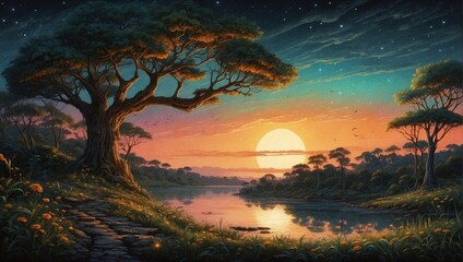 Fototapeta premium aesthetic sunset over the river in the mountains 