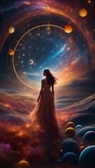 fantasy woman standing on the clouds in front of an intergalactic event, planets surrounding her like time clock psychological illustration 