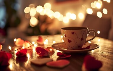 Fototapeta premium Cup of coffee and hearts on wooden table in room decorated with lights.