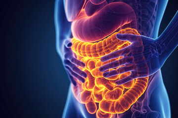 Man with stomachache, intestinal x-ray illustration