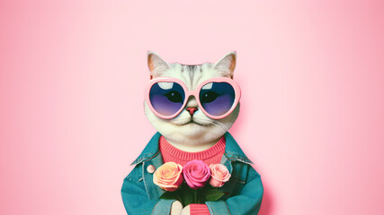 Fototapeta premium Cute funny cat holding with bouquet of roses in Valentine’s day concept.