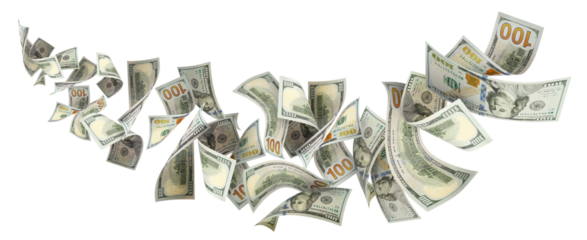 Flying 100 American dollars banknotes, cut out