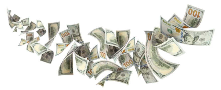 Flying 100 American dollars banknotes, cut out