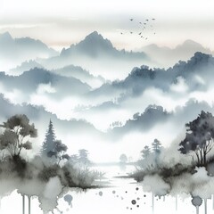 Tranquil Watercolor Landscapes: Serene Nature in Vibrant Aquarelle Illustrations of Rural Countryside Harmony
