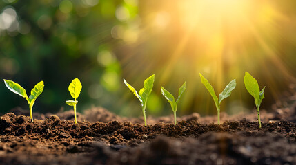 Growth Stages of Young Plants in Soil, Sunlit Background, Symbol of New Life and Environmental Care