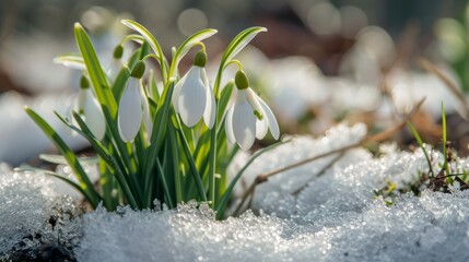 Close-Up of Snowdrops Growing in Snow