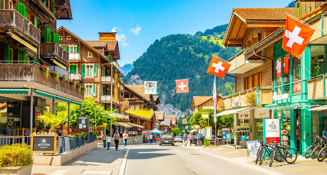 Scenic view of Lauterbrunnen village, one of the most popular tourist resorts in Switzerland,  June 2023