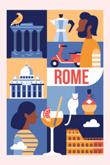 Travel to Rome, Italy modern poster design in trendy geometrical style. Template for greeting cards, banner and background
