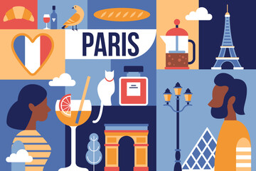 Travel to Paris modern poster design in trendy geometrical style. Template for greeting cards, banner and background