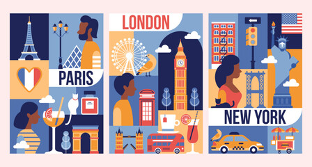 Travel to Paris, London, New York modern poster design in trendy geometrical style. Template for greeting cards, banner and background