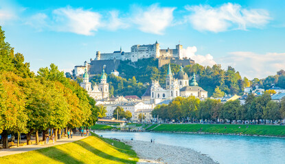 Scenic view of Salzburg old town and Hohensalzburg Castle, Austria