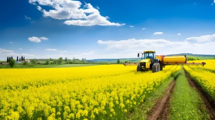 Zelfklevend Fotobehang Cultivated landscape in spring, blooming rapeseed field, tractor with field sprayer in the background © Ziyan Yang