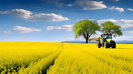 Cultivated landscape in spring, blooming rapeseed field, tractor with field sprayer in the...