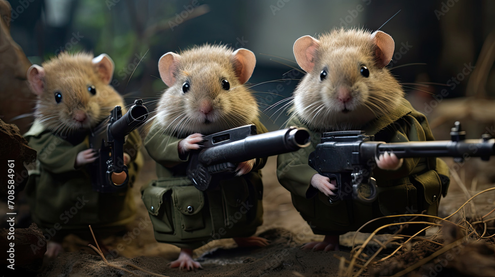 Wall mural a group of cute hamster animals holding weapons and wearing military clothes are ready to fight on t - Wall murals
