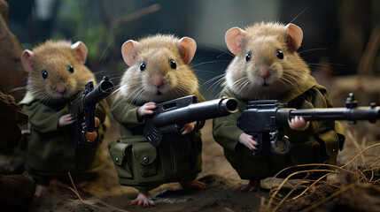 A group of cute hamster animals holding weapons and wearing military clothes are ready to fight on the battlefield created with Generative AI Technology - obrazy, fototapety, plakaty