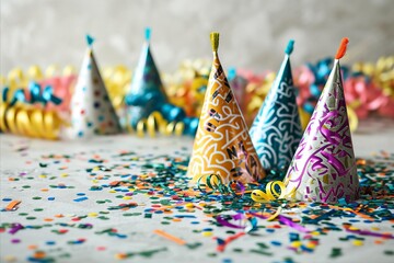 Party decorations with vibrant hats, twisting streamers, and a confetti burst set for a celebration