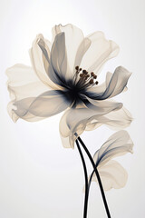 The image of a white and black flower against a white background, in the style of translucent layers, conceptual digital art, daz3d, minimalistic objects, meticulous design, dark black and dark beige,