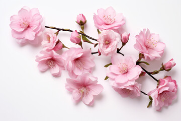 Obraz premium Pink flowers in green stems on a white background, in the style of cherry blossoms, high resolution