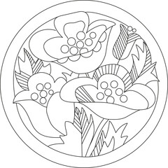 Naklejka premium Poppys vector illustration. Flowers Mandala embroidery pattern. Transparent background illustration. Black and white boho home decor. Decorative round ornaments. Floral coloring page.