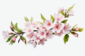 Pink flowers in green stems on a white background, in the style of cherry blossoms, high resolution

