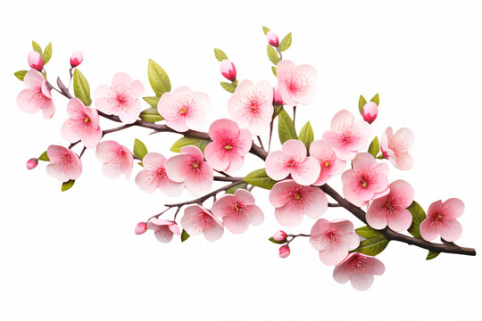 Pink flowers in green stems on a white background, in the style of cherry blossoms, high resolution

