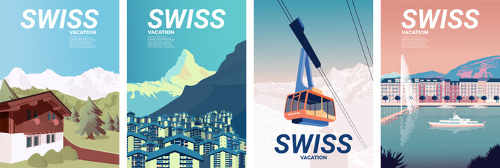 Swiss landscapes: chalets in the Bernese Alps, the Matterhorn in Zermatt, a funicular in the mountains, and the waterfront of Geneva with a fountain and a boat. Vector for posters, covers - obrazy, fototapety, plakaty