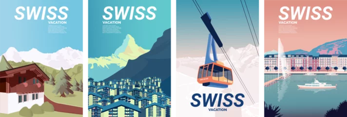 Fotobehang Swiss landscapes: chalets in the Bernese Alps, the Matterhorn in Zermatt, a funicular in the mountains, and the waterfront of Geneva with a fountain and a boat. Vector for posters, covers © Eva