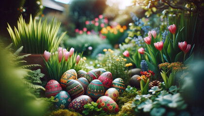 colorful hidden easter eggs hidden in the garden - obrazy, fototapety, plakaty