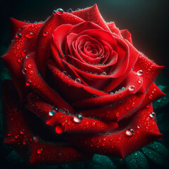 large red rose in full bloom, with crystal-clear water droplets adorning its lush petals , Beautiful red rose with water drops on dark background, closeup