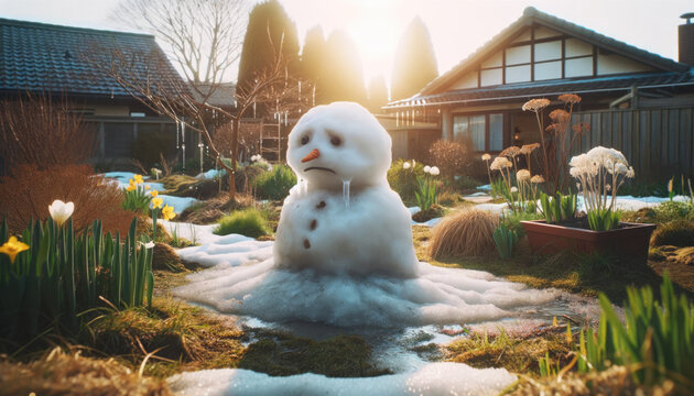a sad snowman is melting in the sun on the last days of winter