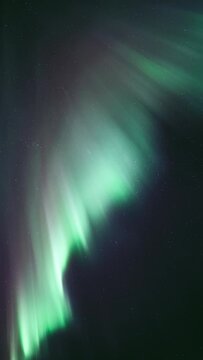Beautifully colored aurora dancing elegantly, forming pillars and shapes in a clear, starry night sky.