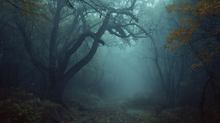  霧の中で神秘的な暗い古い森GenerativeAI - obrazy, fototapety, plakaty