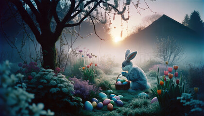 easter bunny is hiding colorful easter eggs in the garden - obrazy, fototapety, plakaty