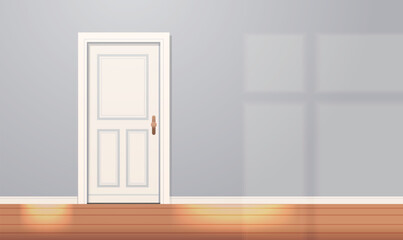 Cartoon interior of gray room with white door. Simple flat vector illustration with copy space