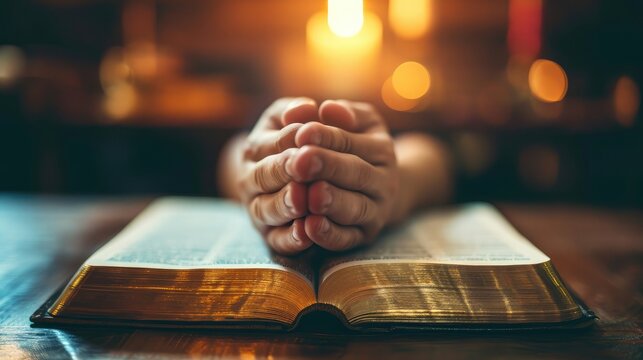 Spirituality and religion, hands folded in prayer on a holy bible in church concept for faith.