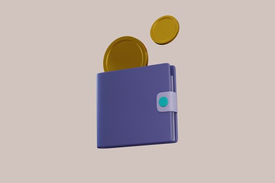 3D wallet concept. money bag, coins stack and banknotes. 3d render illustration