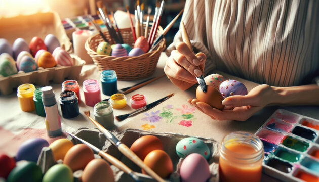 Close-up of a woman painting Easter eggs by hand