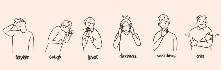 Fotobehang Illness vector icon set. Illness hand drawing vector illustration. Fever, cough, snot, dizziness, sore throat, chills © Melek