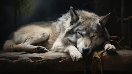 Naklejka na ściany i meble gray wolf sleeping soundly on a log created with Generative AI Technology 