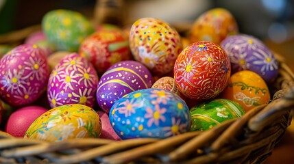 Fototapeta na wymiar Basket Filled With Colorful Painted Eggs, A Vibrant Collection of Easter Delights