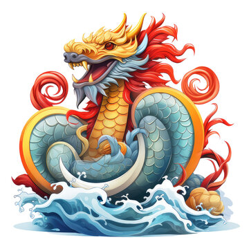 elegant water dragon chinese new year cartoon in ocean waves illustration, isolated on transparent background. symbol of power and good fortune for cultural celebrations and educational materials