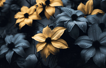 Obraz premium Clematis flower with black flowers and yellow petals, in the style of lo-fi aesthetics, dark, muted colors, naturalistic portraits, monochrome canvases, fujifilm provia, decorative backgrounds, nature