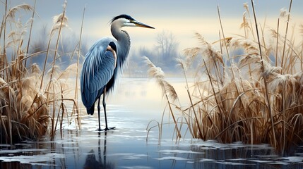 A stoic great blue heron standing sentinel by an icy marsh, its majestic stature framed against a backdrop of snow-covered reeds.