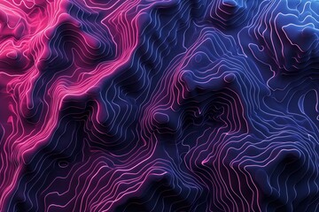 Obraz premium 3d purple neon topography hills, glowing lines and dark purple background