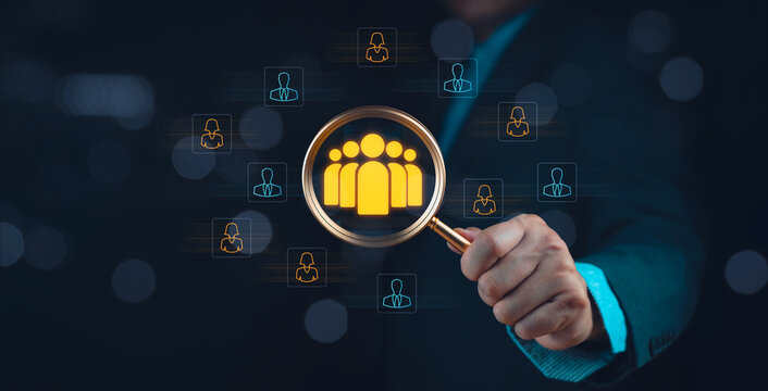 Human Resource HRM or Hr management Recruitment resources new career global job search to register resume internet magnifying selective hiring icon,one of employee leading in recruiting opportunities