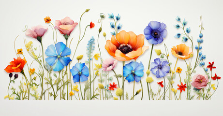 A row of flowers on white background, in the style of dense composition, elaborate, beautiful, bright

