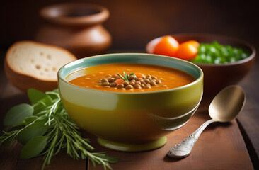 Vegan lentil soup in a bowl with vegetables, bread and cilantro, on wooden background. Lentils Indian Curry Dal
