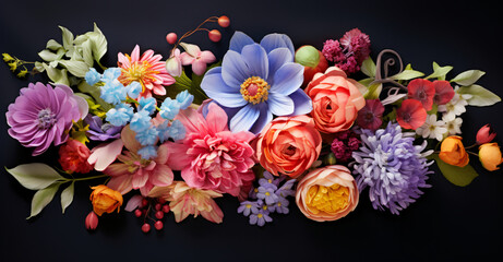 A lot of colorful flowers are laid out in a arrangement, in the style of nature morte, white background

